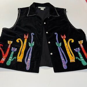 Vintage‎ Dressbarn Black Velvet Vest with Colorful Cat Embroidery